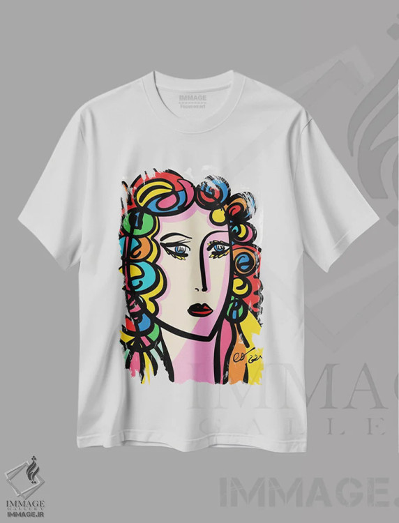 تیشرت سفید طرح دار پرترهٔ دختر رنگین کمان، هنر دیجیتال اثر امانوئل سیگنورینو | فروشگاه ایماژ
