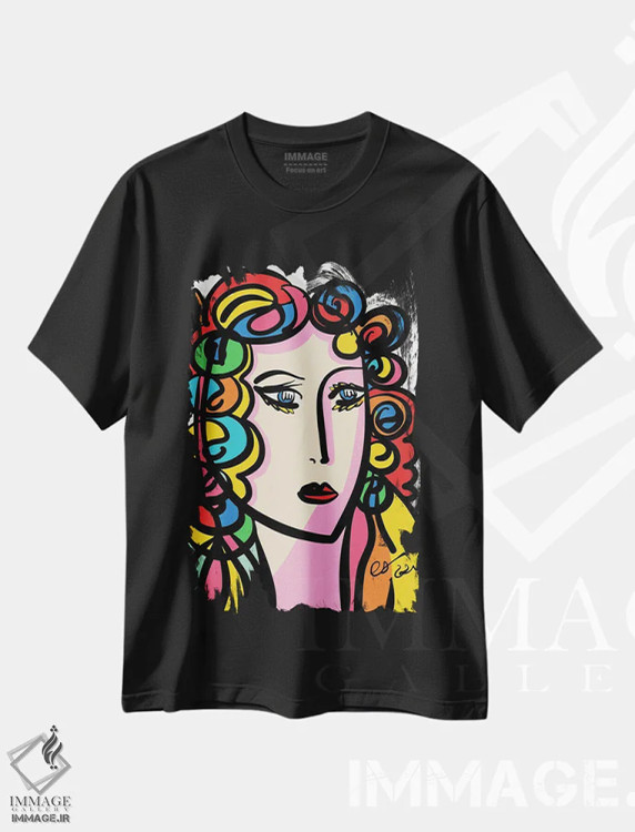 تیشرت مشکی طرح دار پرترهٔ دختر رنگین کمان، هنر دیجیتال اثر امانوئل سیگنورینو | immage.ir