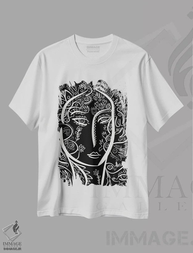 تیشرت سفید طرح دار پرترهٔ زن گل دار همراه با گرافیتی، هنر دیجیتال اثر امانوئل سیگنورینو | فروشگاه ایماژ