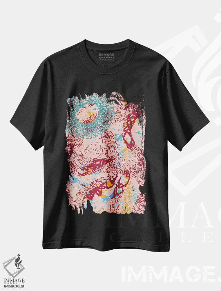 تیشرت مشکی طرح دار هنر اسرارآمیز آفریقایی با نقوش مرجانی طبیعی، آبستره اثر امانوئل سیگنورینو | فروشگاه ایماژ