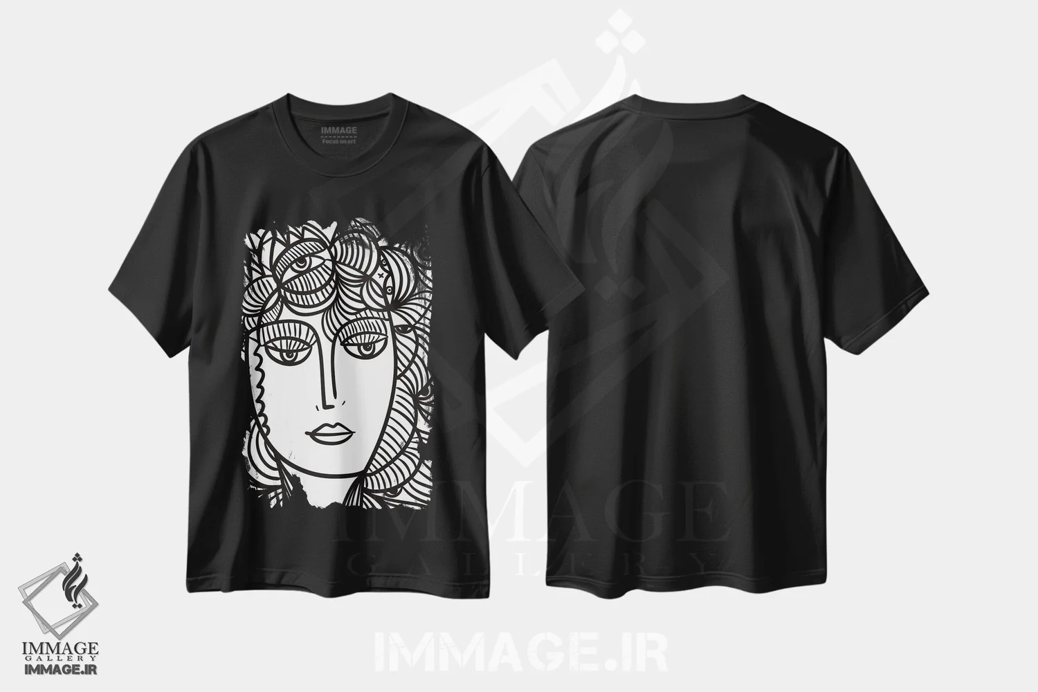 تیشرت مشکی طرح دار زن گل با چشمانی در میان موهایش، هنر تزئینی سیاه و سفید اثر امانوئل سیگنورینو | فروشگاه ایماژ