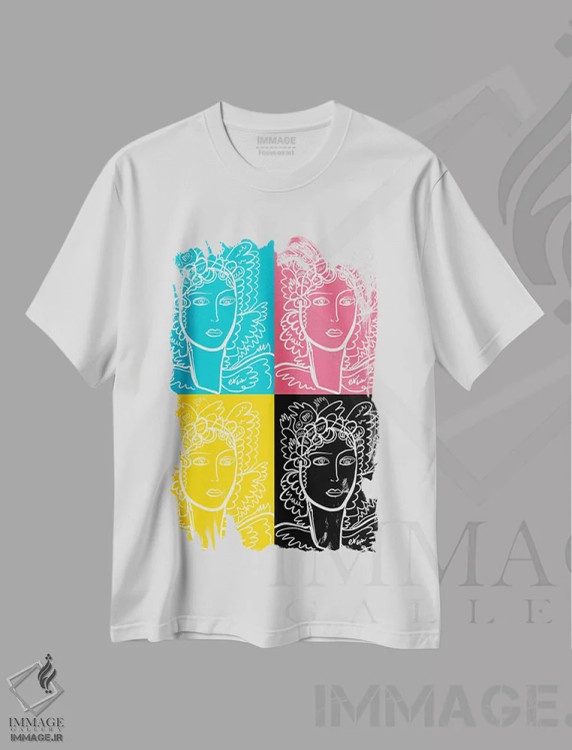 تیشرت سفید طرح دار پرترهٔ زن به سبک پاپ آرت CMYK، هنر فاخر معاصر اثر امانوئل سیگنورینو | immage.ir