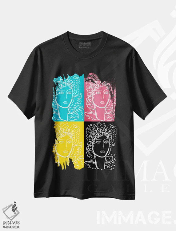 تیشرت مشکی طرح دار پرترهٔ زن به سبک پاپ آرت CMYK، هنر فاخر معاصر اثر امانوئل سیگنورینو | فروشگاه ایماژ