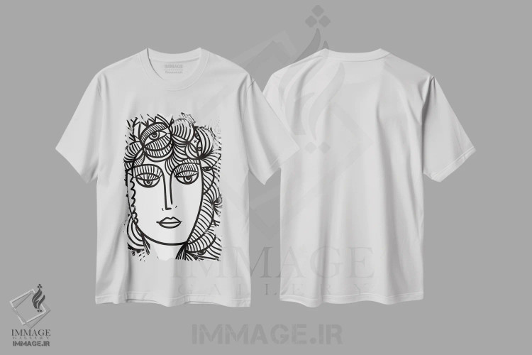 تیشرت سفید طرح دار زن گل با چشمانی در میان موهایش، هنر تزئینی سیاه و سفید اثر امانوئل سیگنورینو | immage.ir