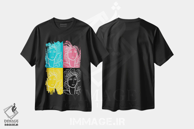 تیشرت مشکی طرح دار پرترهٔ زن به سبک پاپ آرت CMYK، هنر فاخر معاصر اثر امانوئل سیگنورینو | فروشگاه ایماژ