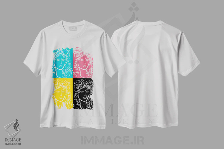 تیشرت سفید طرح دار پرترهٔ زن به سبک پاپ آرت CMYK، هنر فاخر معاصر اثر امانوئل سیگنورینو | immage.ir