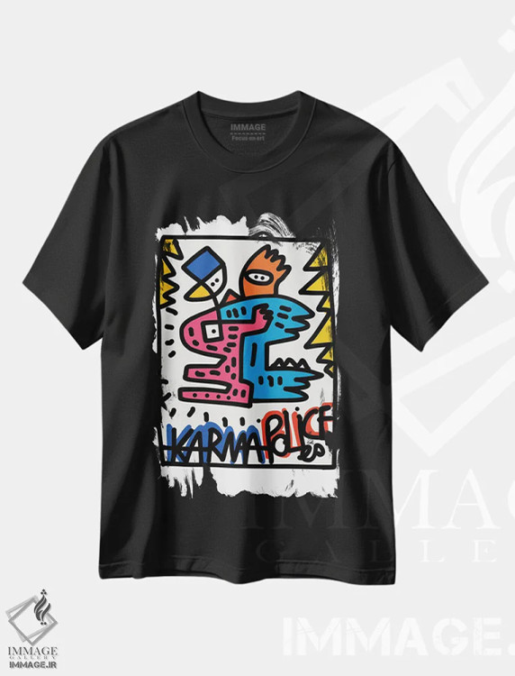 تیشرت مشکی طرح دار گرافیتی پلیس کارما اثر امانوئل سیگنورینو | فروشگاه ایماژ