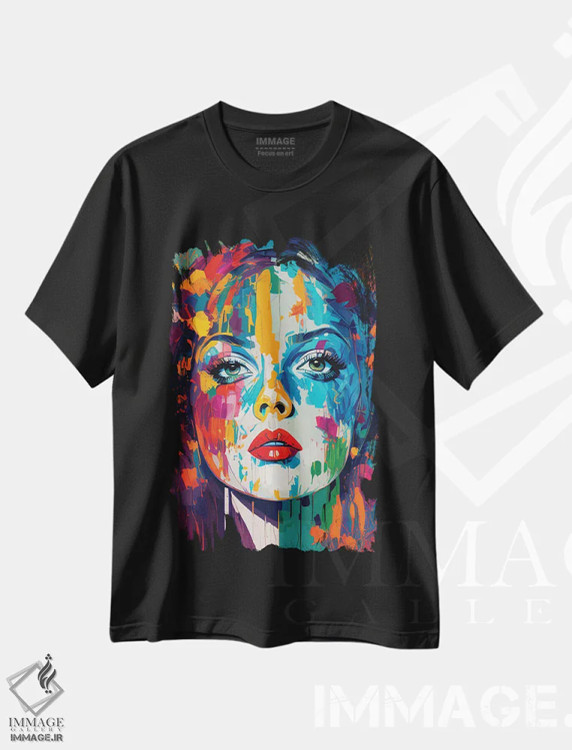 تیشرت مشکی طرح دار پرترهٔ رنگارنگ و شیک پاپ آرت، هنر فاخر معاصر اثر امانوئل سیگنورینو | فروشگاه ایماژ