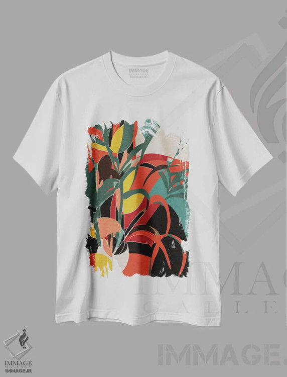 تیشرت سفید طرح دار طبیعت بی جان نارنجی و زرد با یک گیاه، آبستره اثر امانوئل سیگنورینو | فروشگاه ایماژ