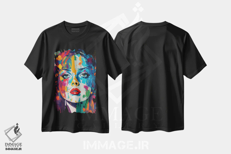 تیشرت مشکی طرح دار پرترهٔ رنگارنگ و شیک پاپ آرت، هنر فاخر معاصر اثر امانوئل سیگنورینو | فروشگاه ایماژ