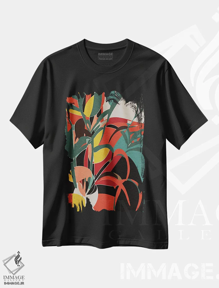 تیشرت مشکی طرح دار طبیعت بی جان نارنجی و زرد با یک گیاه، آبستره اثر امانوئل سیگنورینو | immage.ir