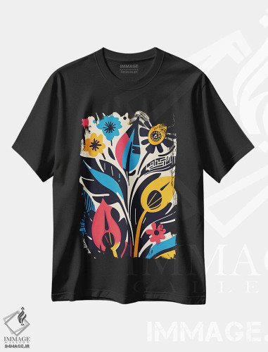 تیشرت مشکی طرح دار گل های انتزاعی بُرش خورده، آبستره اثر امانوئل سیگنورینو | فروشگاه ایماژ