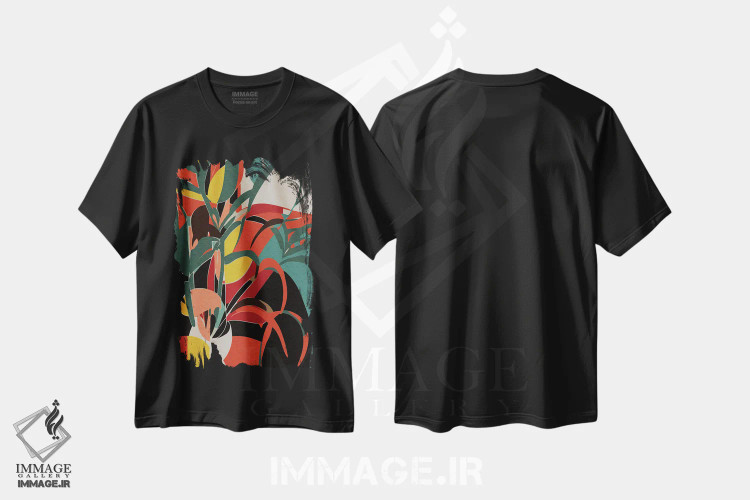 تیشرت مشکی طرح دار طبیعت بی جان نارنجی و زرد با یک گیاه، آبستره اثر امانوئل سیگنورینو | immage.ir
