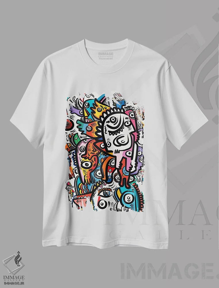 تیشرت سفید طرح دار موجودات ناتمام گرافیتی در بهشت، دکور معاصر اثر امانوئل سیگنورینو | فروشگاه ایماژ