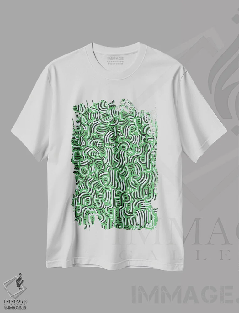 تیشرت سفید طرح دار طراحی خطی سبز گرافیتی اثر امانوئل سیگنورینو | immage.ir