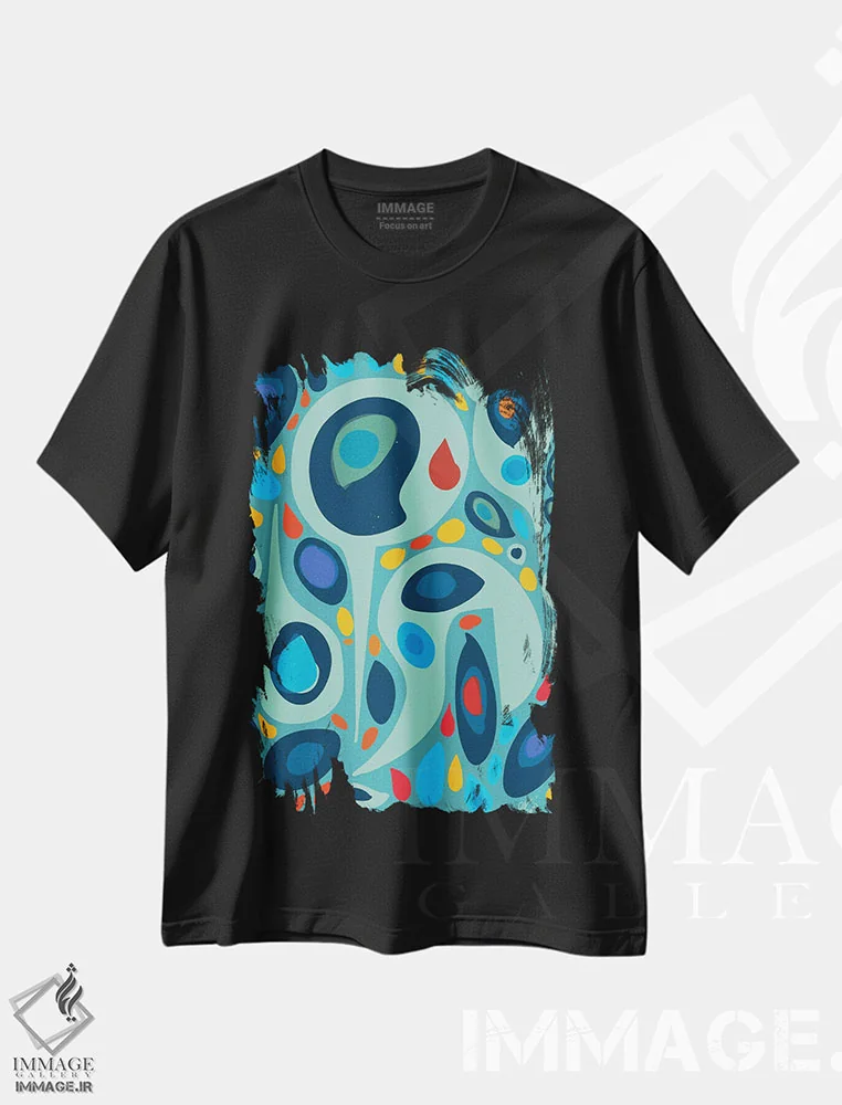تیشرت مشکی طرح دار اشکال آبی عشق اثر امانوئل سیگنورینو | فروشگاه ایماژ