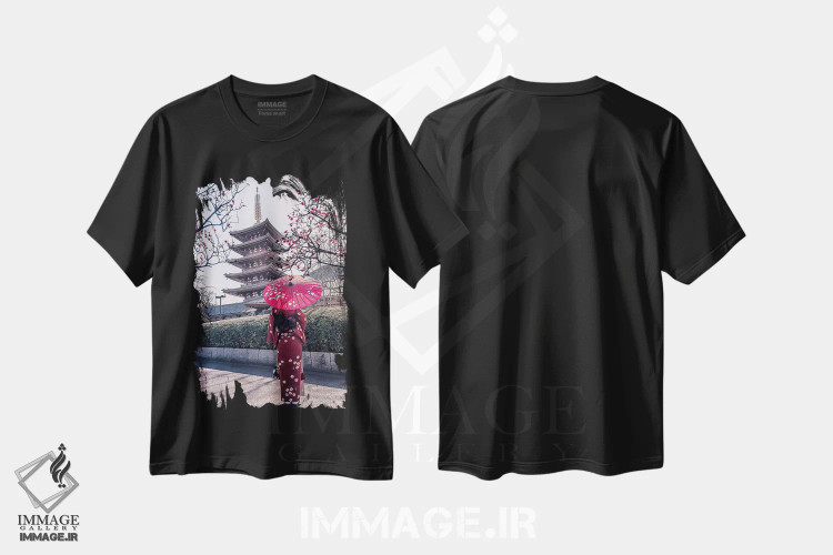 تیشرت مشکی طرح دار بانویی با لباس قرمز، مدیوم اثر مانجیک پیکچرز | فروشگاه ایماژ