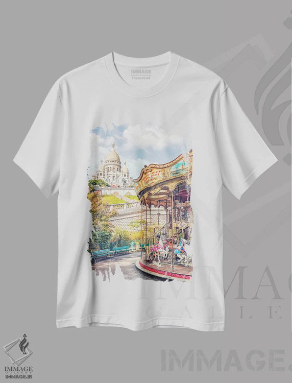 تیشرت سفید طرح دار مونمارتر آفتابی، مدیوم اثر مانجیک پیکچرز | فروشگاه ایماژ