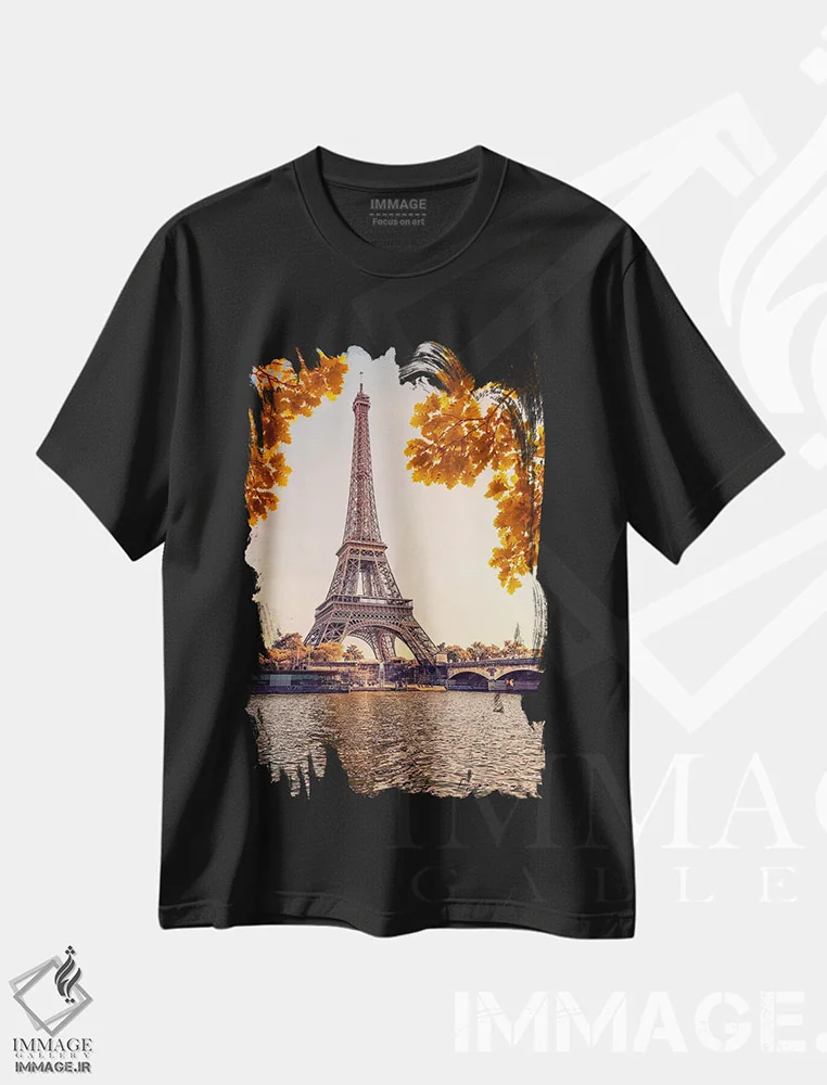 تیشرت مشکی طرح دار حال و هوای پاییزی در پاریس، مدیوم اثر مانجیک پیکچرز | فروشگاه ایماژ