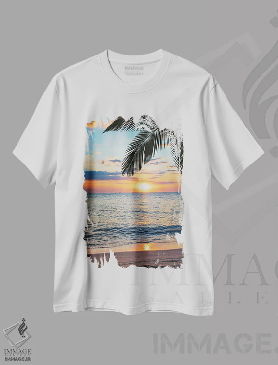 تیشرت سفید طرح دار غروب ساحل، مدیوم اثر مانجیک پیکچرز | immage.ir