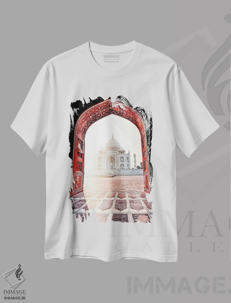 تیشرت سفید طرح دار تابش نور خورشید بر تاج محل، دکور آسیایی اثر مانجیک پیکچرز | immage.ir