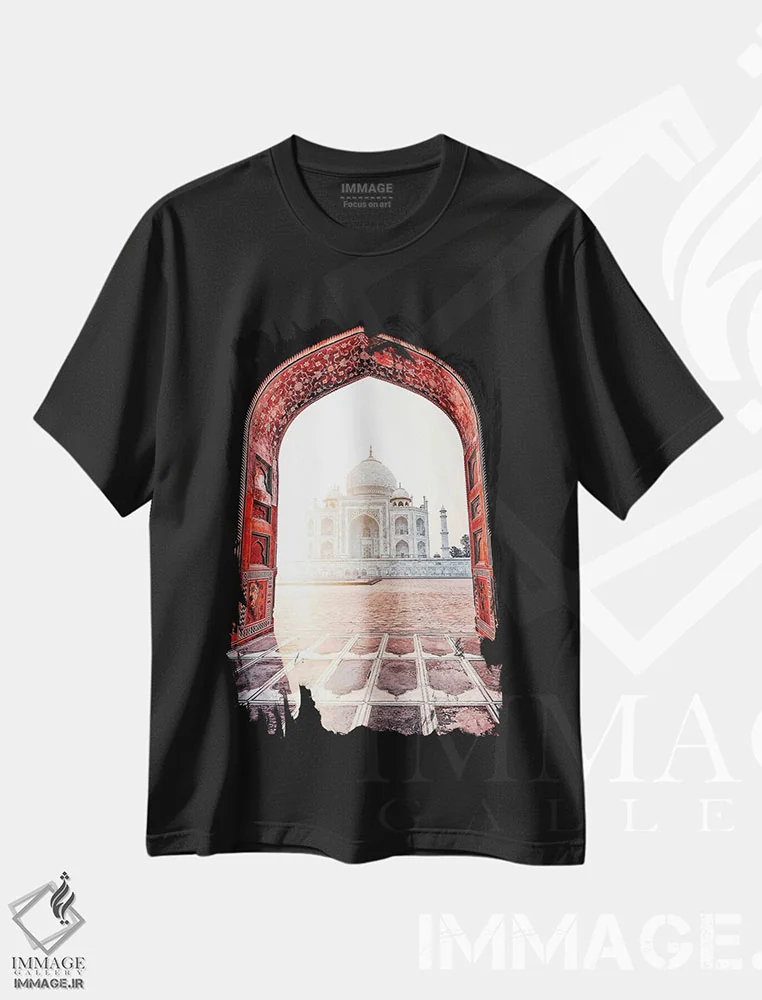 تیشرت مشکی طرح دار تابش نور خورشید بر تاج محل، دکور آسیایی اثر مانجیک پیکچرز | فروشگاه ایماژ