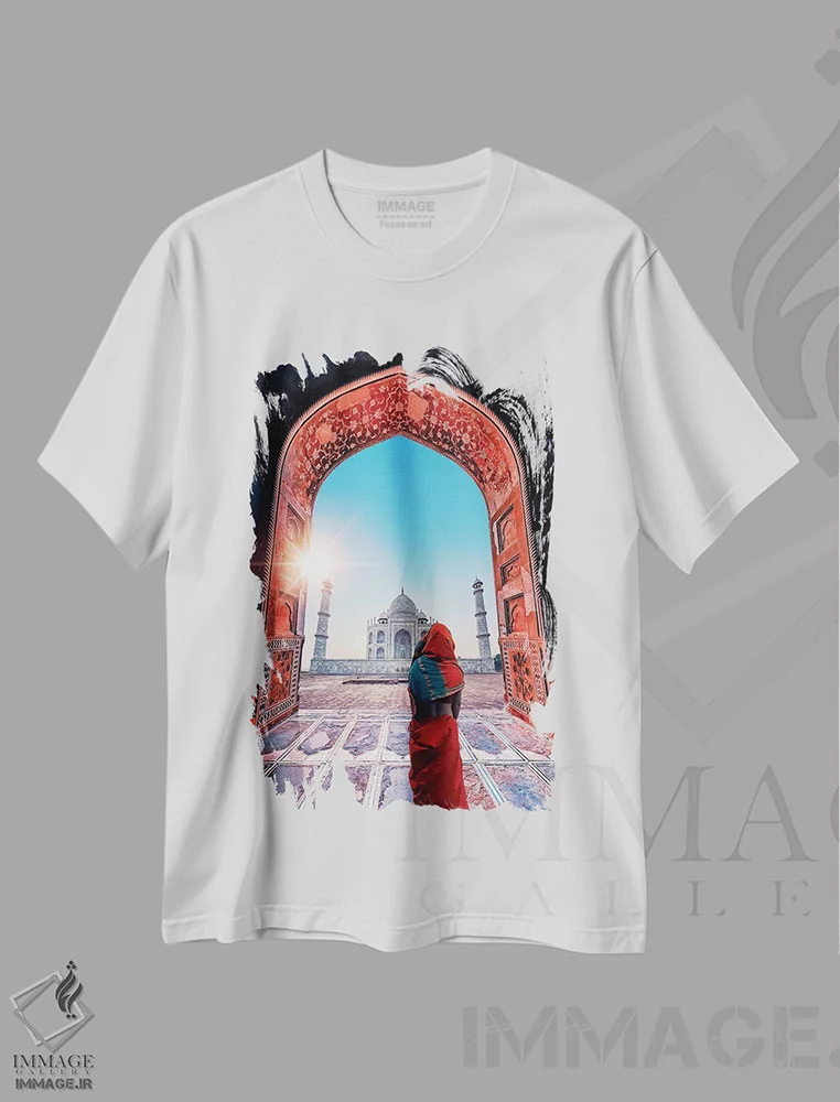 تیشرت سفید طرح دار رنگ های تاج محل، دکور آسیایی اثر مانجیک پیکچرز | فروشگاه ایماژ