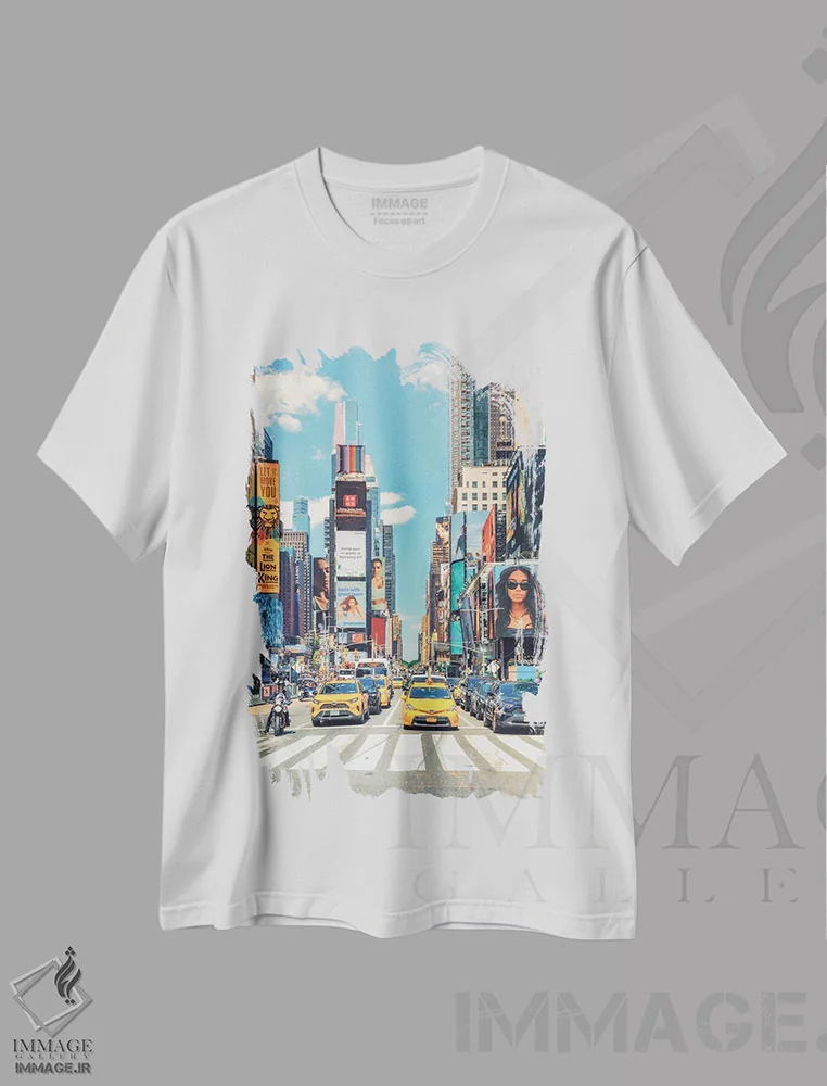 تیشرت سفید طرح دار تایمز اسکوئر رنگارنگ، مدیوم اثر مانجیک پیکچرز | immage.ir