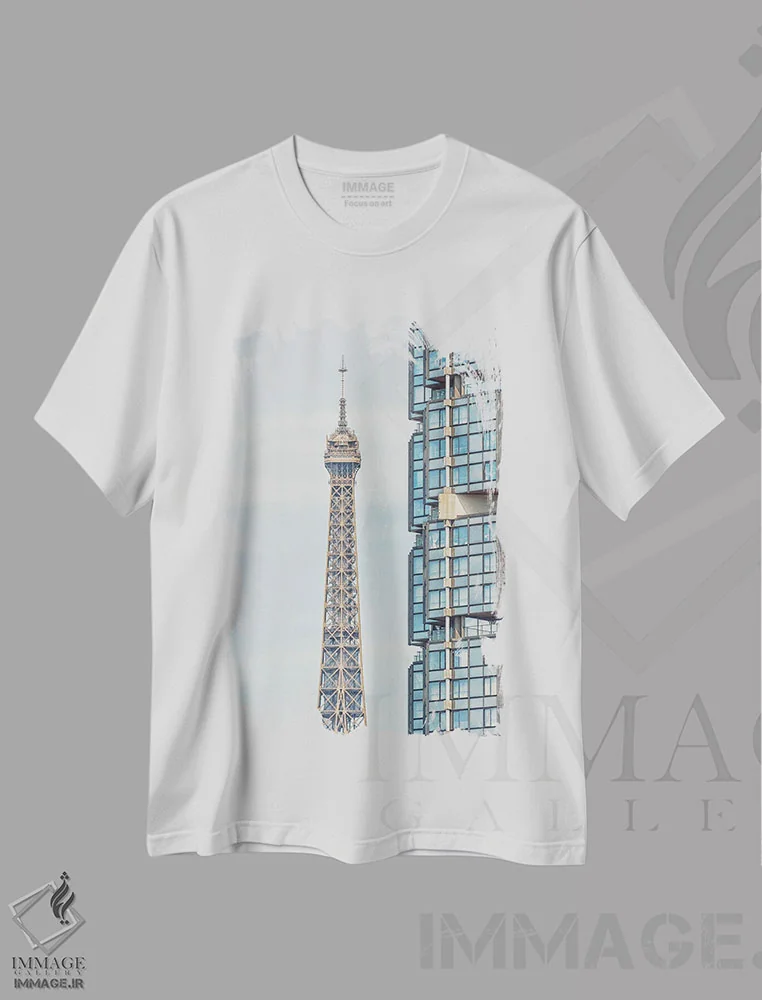 تیشرت سفید طرح دار آهن در برابر شیشه ها، مدیوم اثر مانجیک پیکچرز | فروشگاه ایماژ