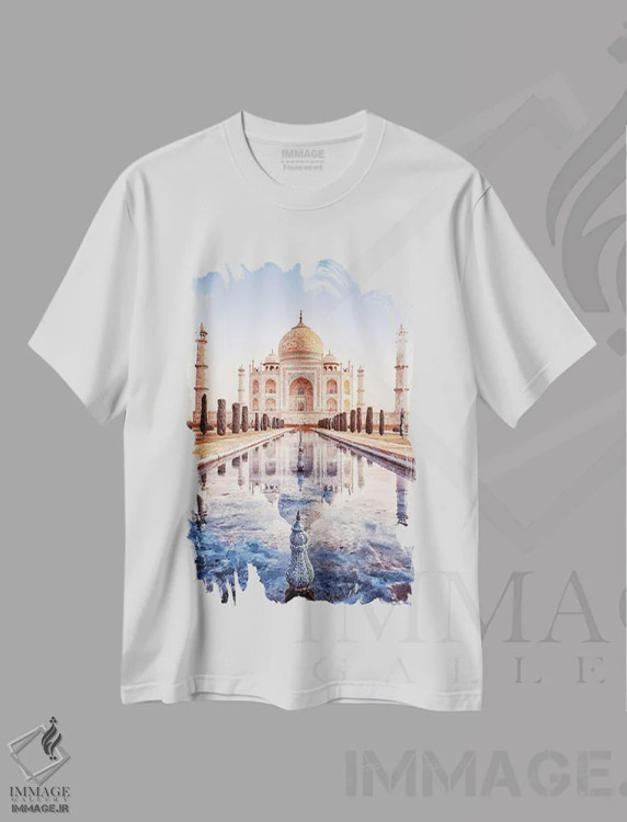 تیشرت سفید طرح دار بازتاب تاج محل، دکور آسیایی اثر مانجیک پیکچرز | فروشگاه ایماژ