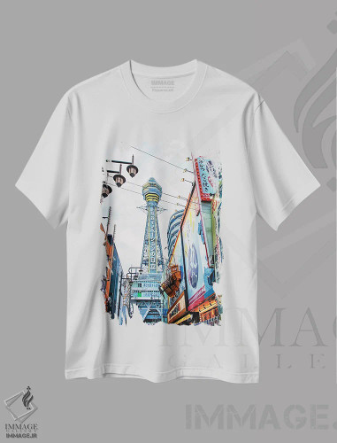 تیشرت سفید طرح دار برج تسوتن کاکو در منطقه شینسکای، مدیوم اثر مانجیک پیکچرز | فروشگاه ایماژ