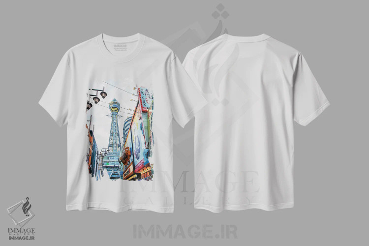 تیشرت سفید طرح دار برج تسوتن کاکو در منطقه شینسکای، مدیوم اثر مانجیک پیکچرز | فروشگاه ایماژ