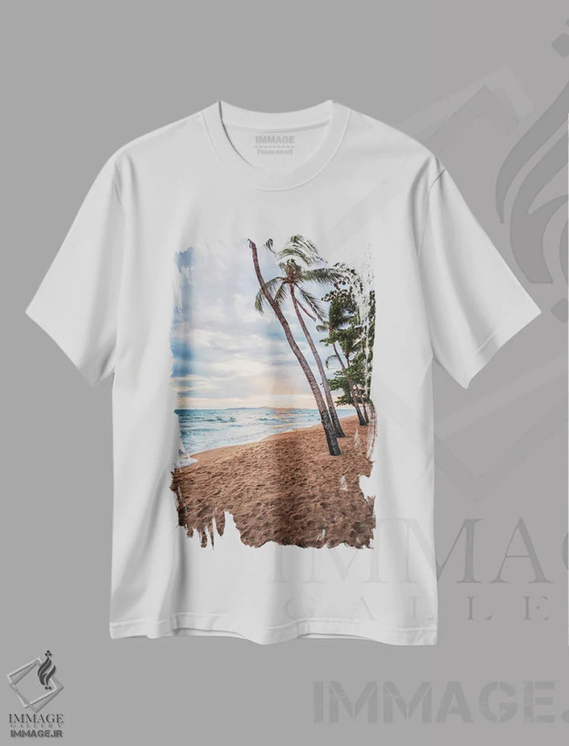 تیشرت سفید طرح دار منظرهٔ دریا در غروب، مدیوم اثر مانجیک پیکچرز | فروشگاه ایماژ