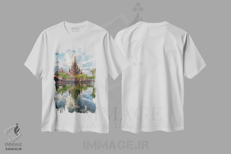 تیشرت سفید طرح دار کلبه چوبی، مدیوم اثر مانجیک پیکچرز | فروشگاه ایماژ