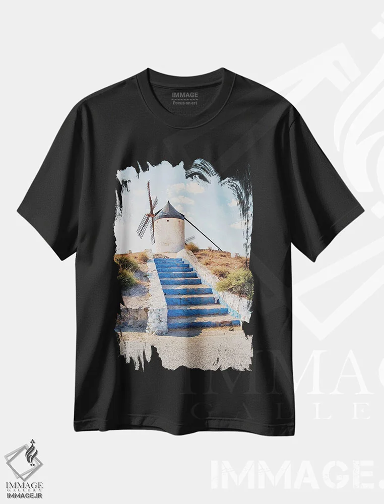 تیشرت مشکی طرح دار آسیاب بادی در لا مانچا، مدیوم اثر مانجیک پیکچرز | immage.ir