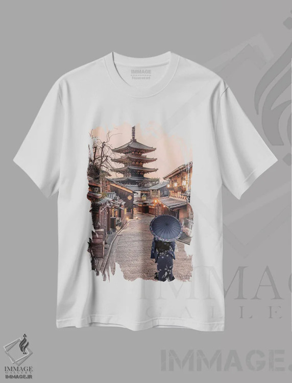 تیشرت سفید طرح دار غروب کیوتو، مدیوم اثر مانجیک پیکچرز | فروشگاه ایماژ