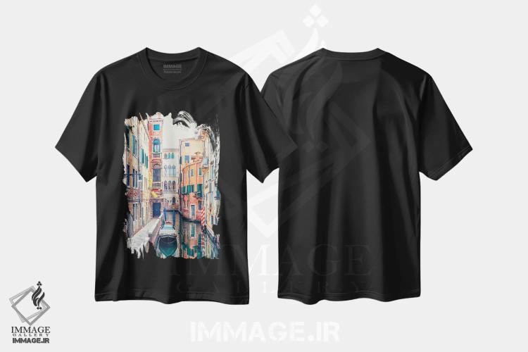 تیشرت مشکی طرح دار کانال در ونیز، مدیوم اثر مانجیک پیکچرز | immage.ir