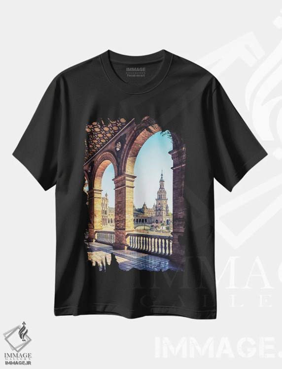 تیشرت مشکی طرح دار نما و چشم انداز شهر سویا، مدیوم اثر مانجیک پیکچرز | immage.ir