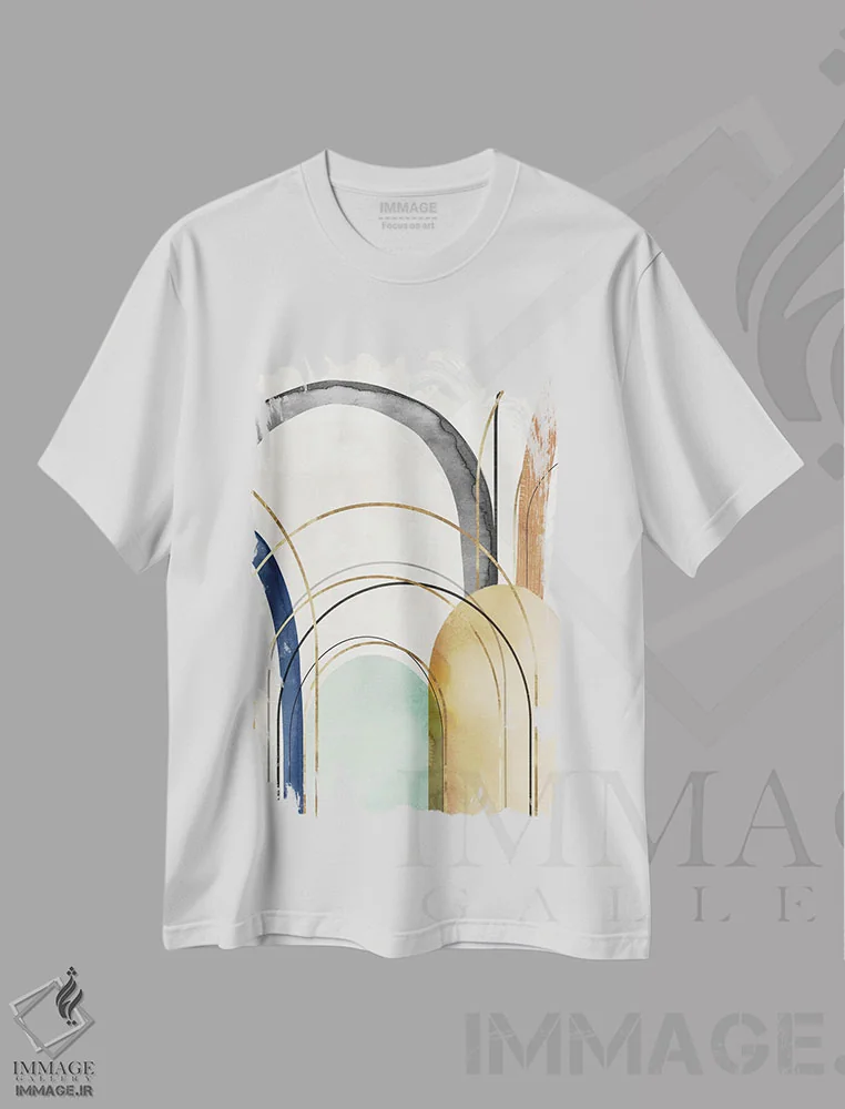 تیشرت سفید طرح دار قوس های طلایی ۲ اثر اما پیل | فروشگاه ایماژ