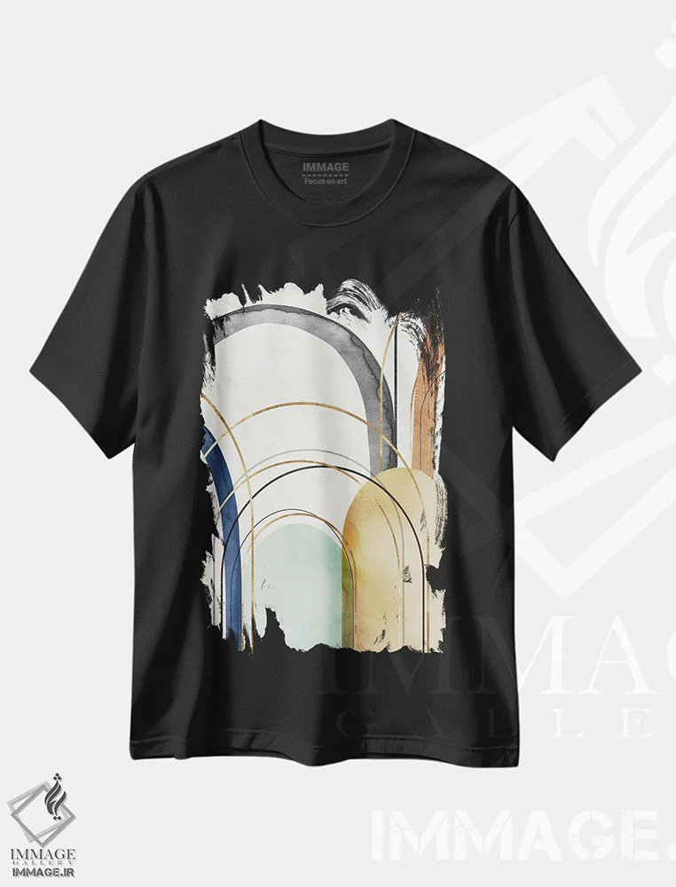 تیشرت مشکی طرح دار قوس های طلایی ۲ اثر اما پیل | immage.ir