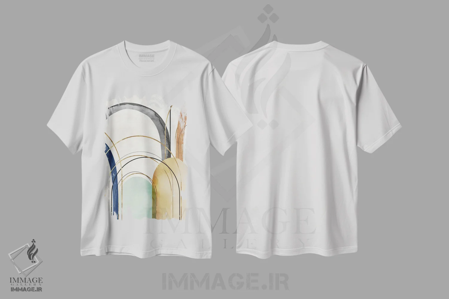 تیشرت سفید طرح دار قوس های طلایی ۲ اثر اما پیل | فروشگاه ایماژ