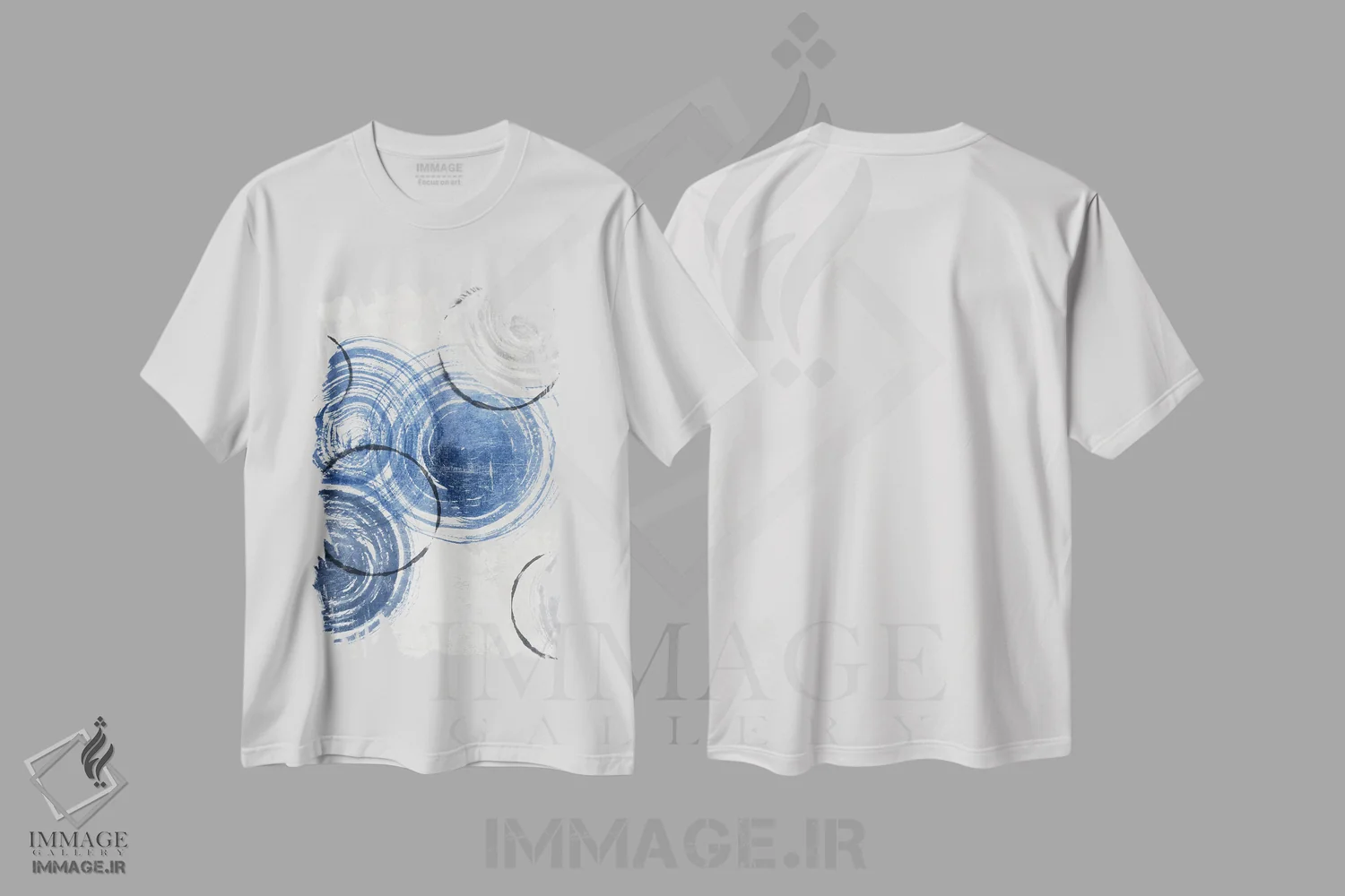 تیشرت سفید طرح دار رقص کیهانی یاقوت کبود ۱، آبستره اثر اما پیل | فروشگاه ایماژ