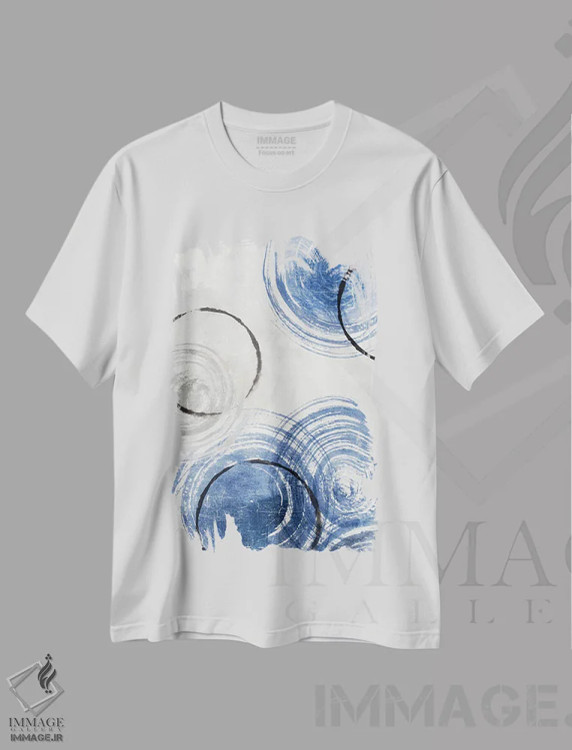 تیشرت سفید طرح دار رقص کیهانی یاقوت کبود ۲، آبستره اثر اما پیل | immage.ir