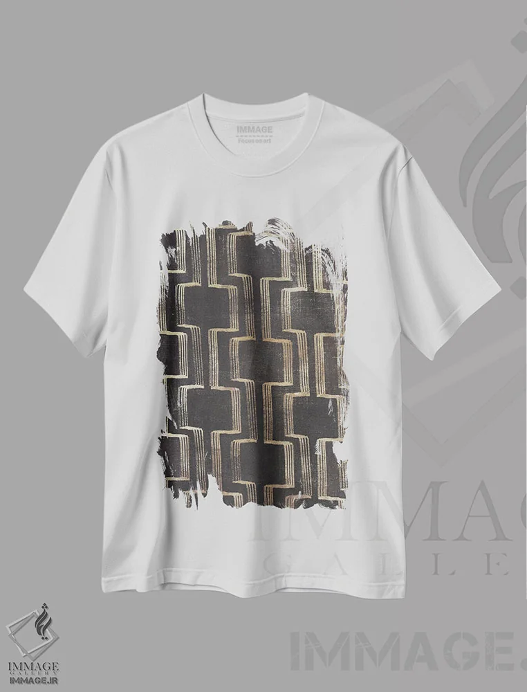 تیشرت سفید طرح دار سمفونی طلایی در حرکت ۱، آبستره اثر اما پیل | فروشگاه ایماژ