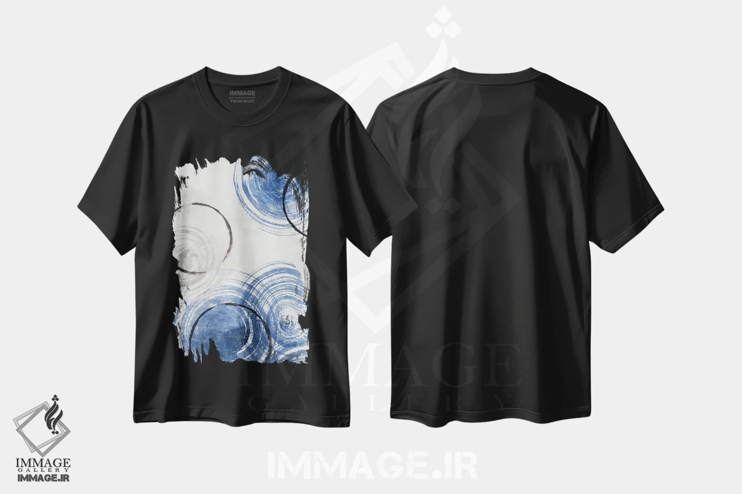 تیشرت مشکی طرح دار رقص کیهانی یاقوت کبود ۲، آبستره اثر اما پیل | فروشگاه ایماژ