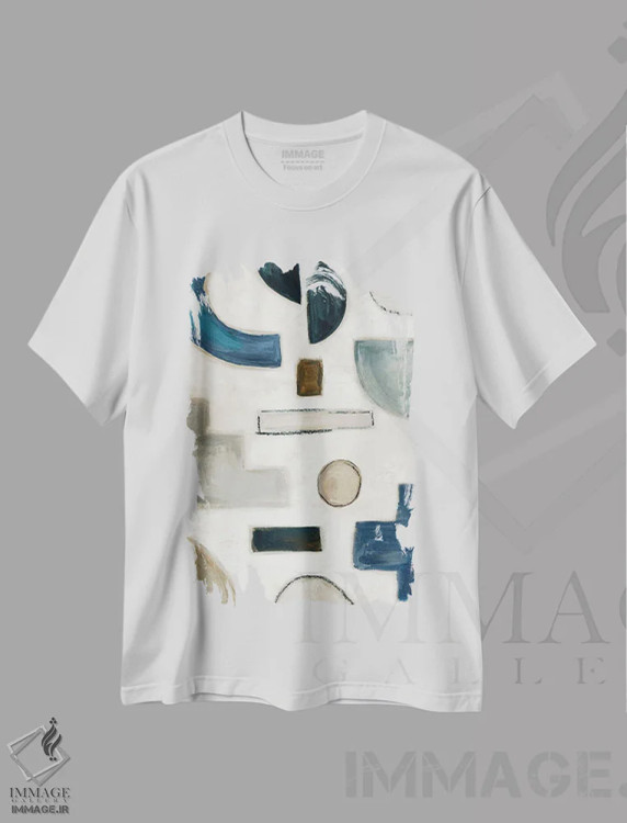 تیشرت سفید طرح دار رقص رنگ آبی ۱، آبستره اثر اما پیل | فروشگاه ایماژ