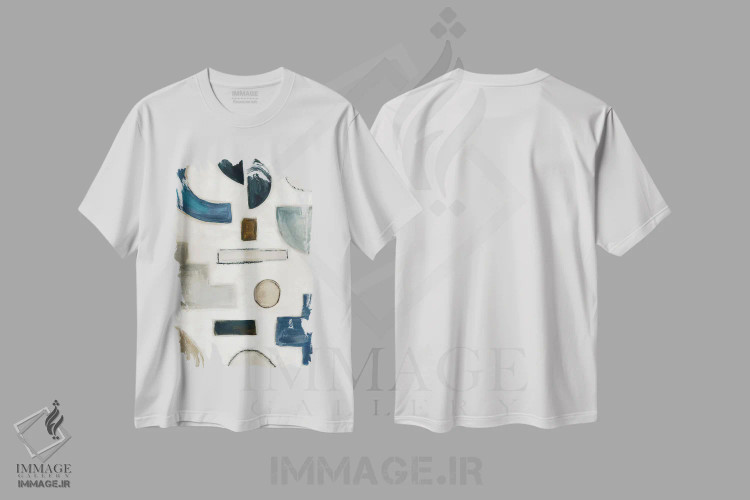 تیشرت سفید طرح دار رقص رنگ آبی ۱، آبستره اثر اما پیل | فروشگاه ایماژ