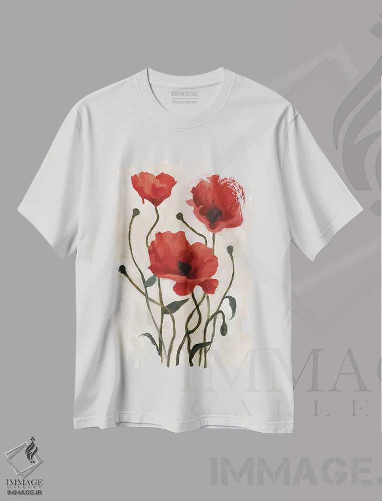 تیشرت سفید طرح دار دسته گل شقایق ۱، تزئینی اثر اما اسکاروی | فروشگاه ایماژ