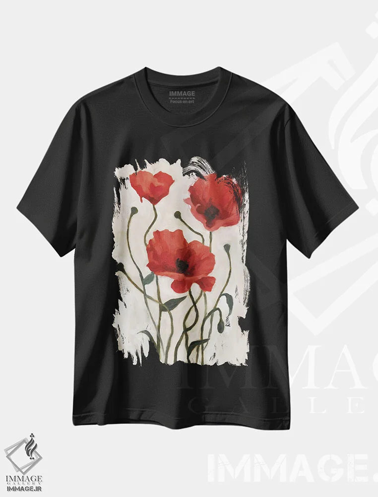 تیشرت مشکی طرح دار دسته گل شقایق ۱، تزئینی اثر اما اسکاروی | immage.ir