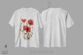 تیشرت سفید طرح دار دسته گل شقایق ۱، تزئینی اثر اما اسکاروی | فروشگاه ایماژ